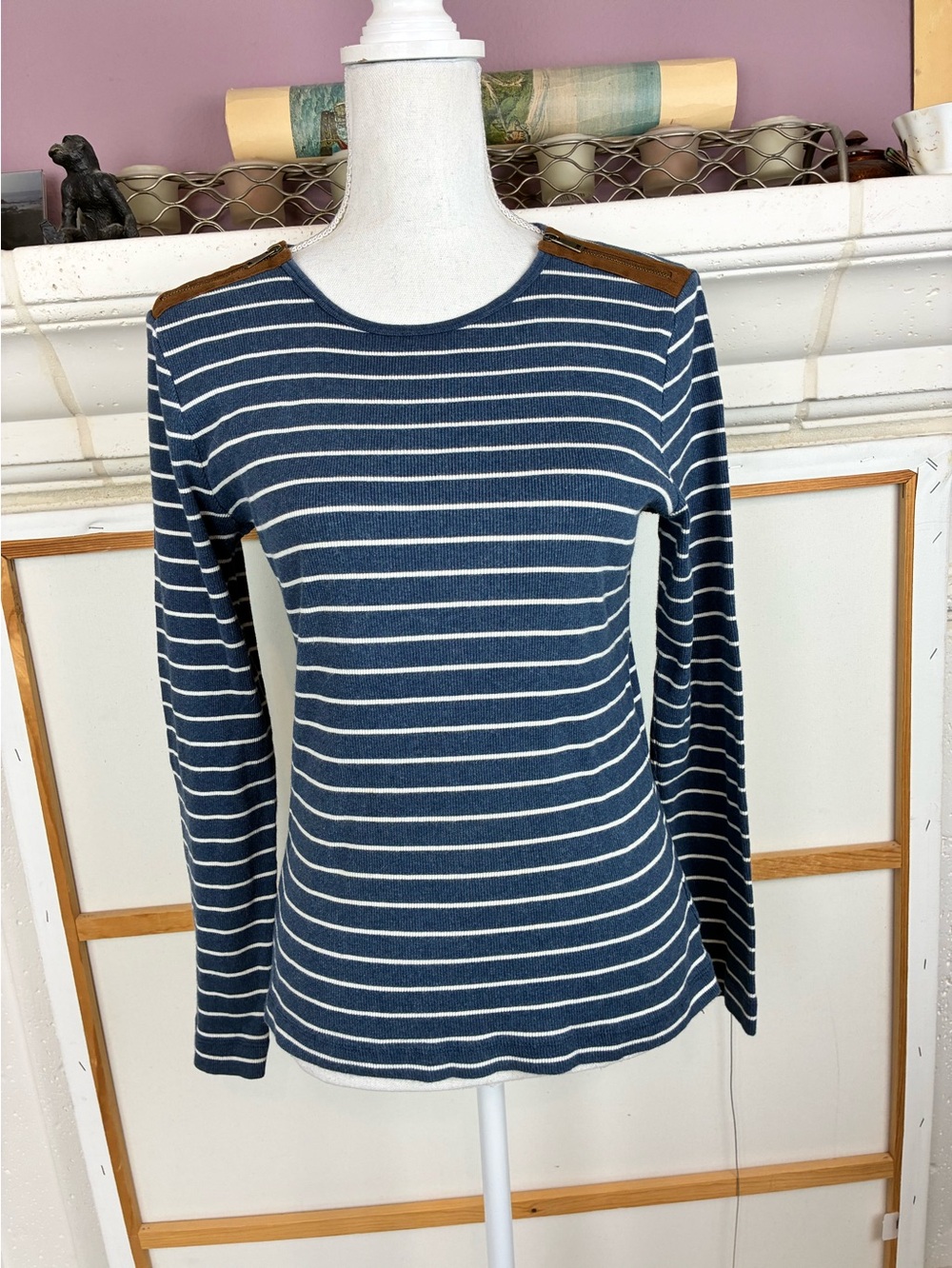 Ralph Lauren ribbed Striped Long-Sleeve Women’s Top w/ faux suede & zip shoulder